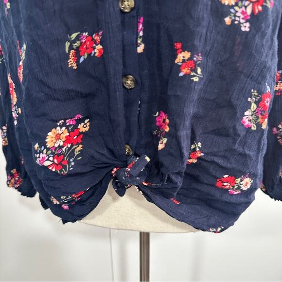 Democracy Size S Navy Pink Floral Button Front Blouse Top Summer Casual Resort - Picture 7 of 13